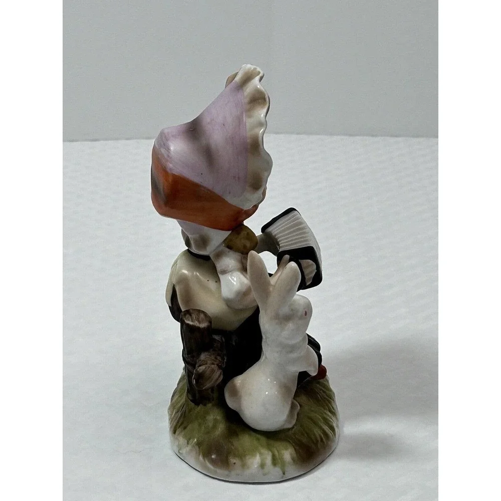Vintage Porcelain Girl On Fence Playing‎ Accordion with Bunny Rabbit Figurine